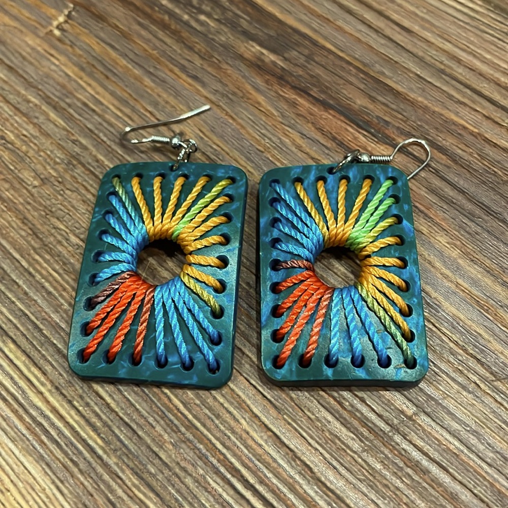 Wooden rectangle teal earrings